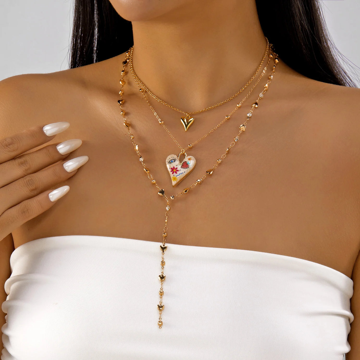 Crystal Tassel Heart Pendant Layered Choker Necklace Jewelry