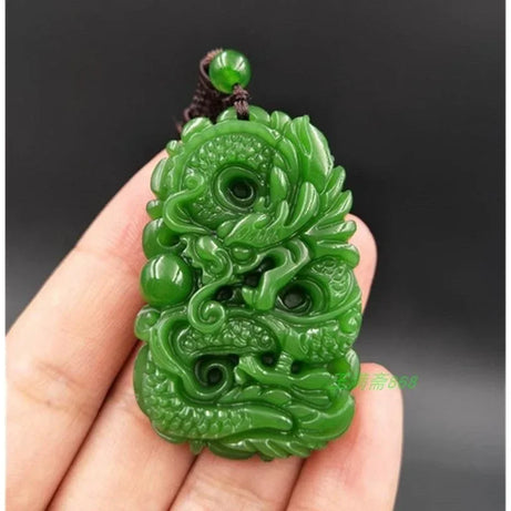 Natural Green Jade Dragon Carved Amulet Necklace