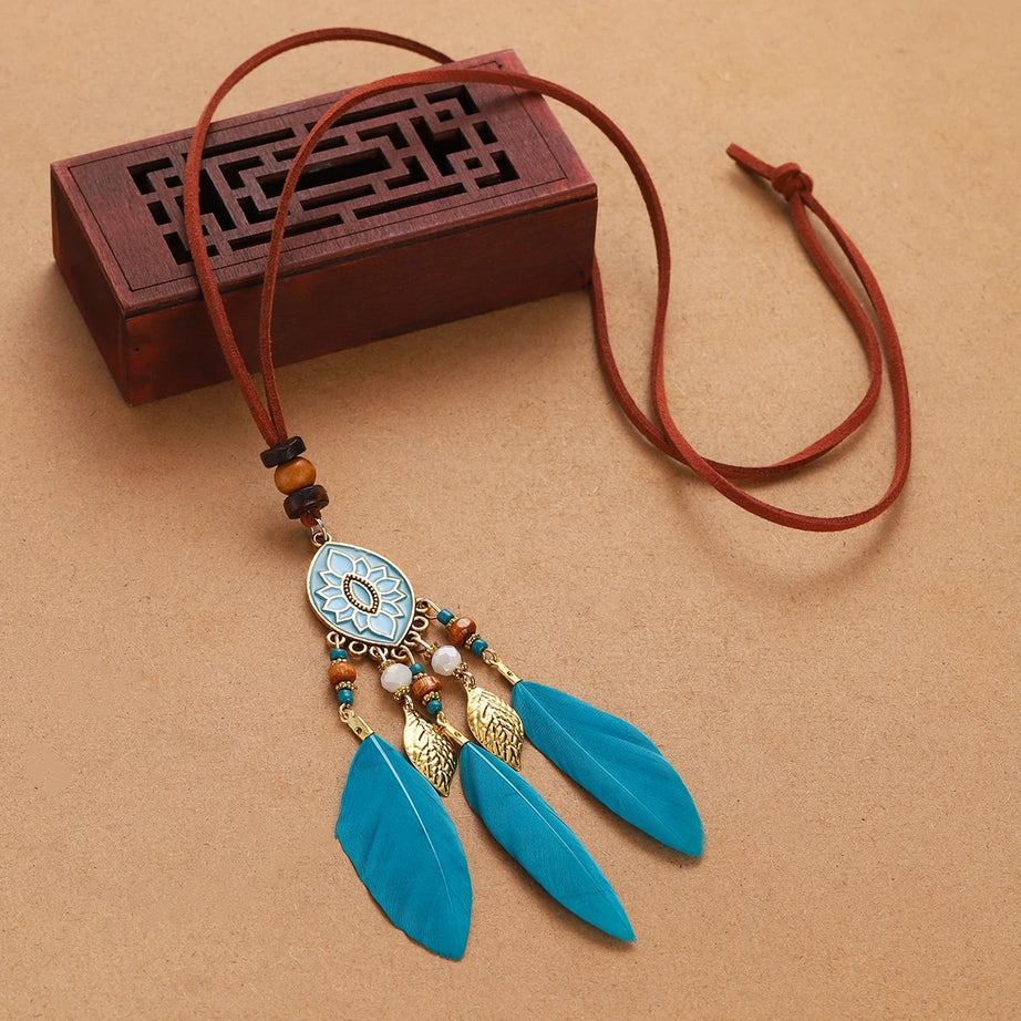 Rope Bead Feather Pendant Long Necklace Jewelry