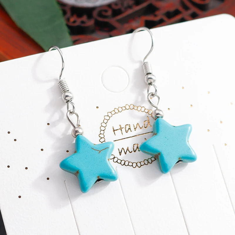 Boho Vintage Turquoise Water Drop Stud Earrings for Women Star Heart Flower Tribe Earring Statement Valentine Day Gift Jewelry