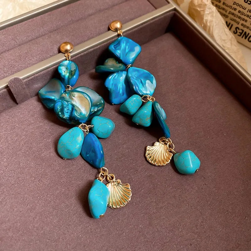 Boho Irregular Shells Tassel Earring Imitation Pearl Starfish Pendant Necklace Beach Vacation Style Fashion Women's Jewelry SetB