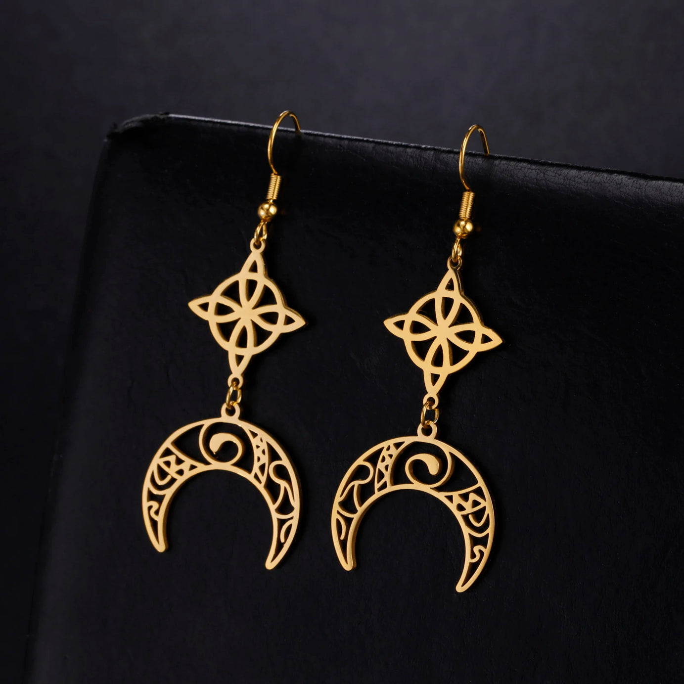Triple Moon, Rune & Pentagram Hoop Earrings, Stainless Steel Witchy Amulet