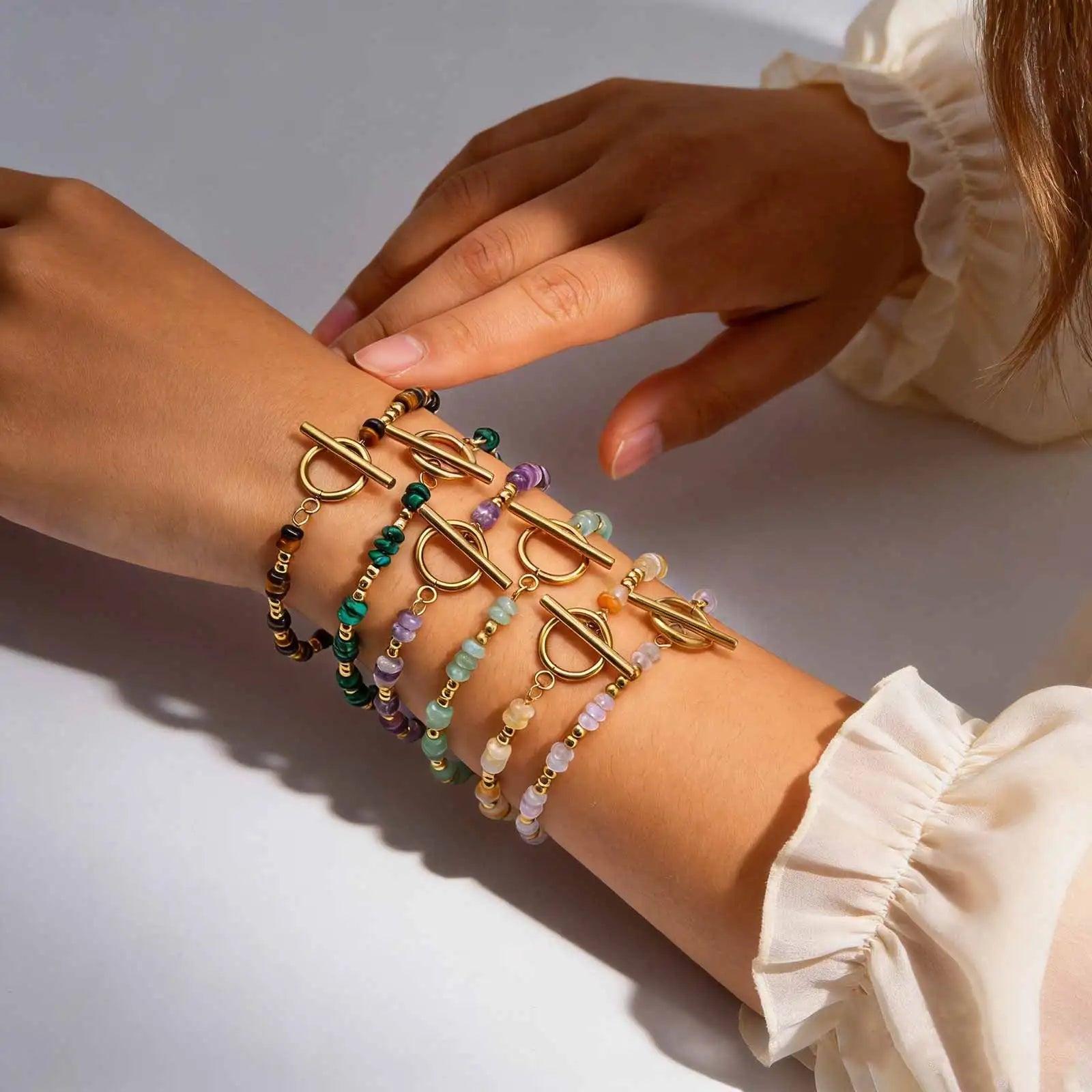 Boho Natural Stone Beaded Bracelet for Women Toggle Clasp Crystal Bead Chain Bracelet Chic Design Stainless Steel Jewelry Gift