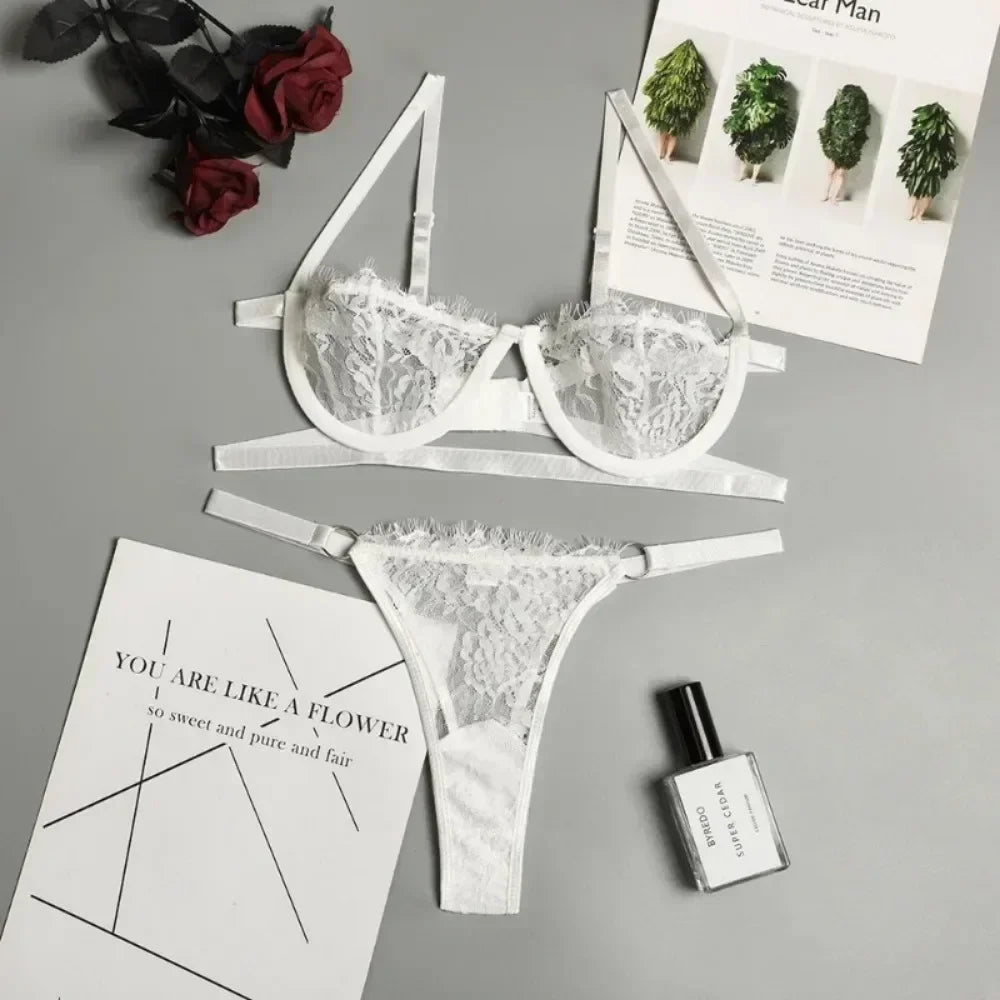 Sexy Lingerie Woman Lace Transparent Underwear Fairy Embroidery Brief Sets Delicate Bra Kit Push Up Breves Sets Thin Erotic Bras - Charlie Dolly