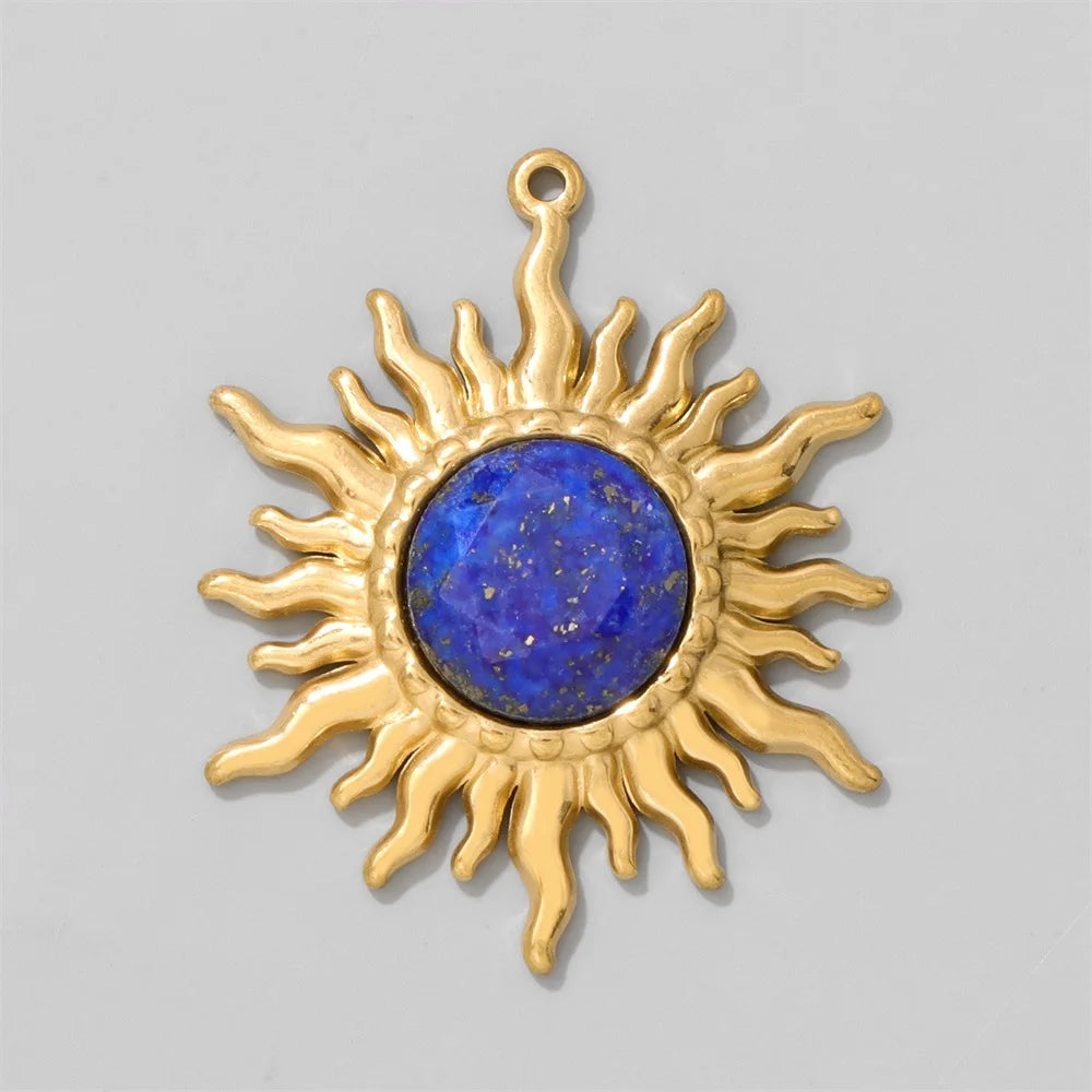 2pcs 25x30mm Gold Color Sun Shape Natural Stone Pendant Inlaid with Lapis Lazuli Gem Charm for Jewelry Making Necklace Earring