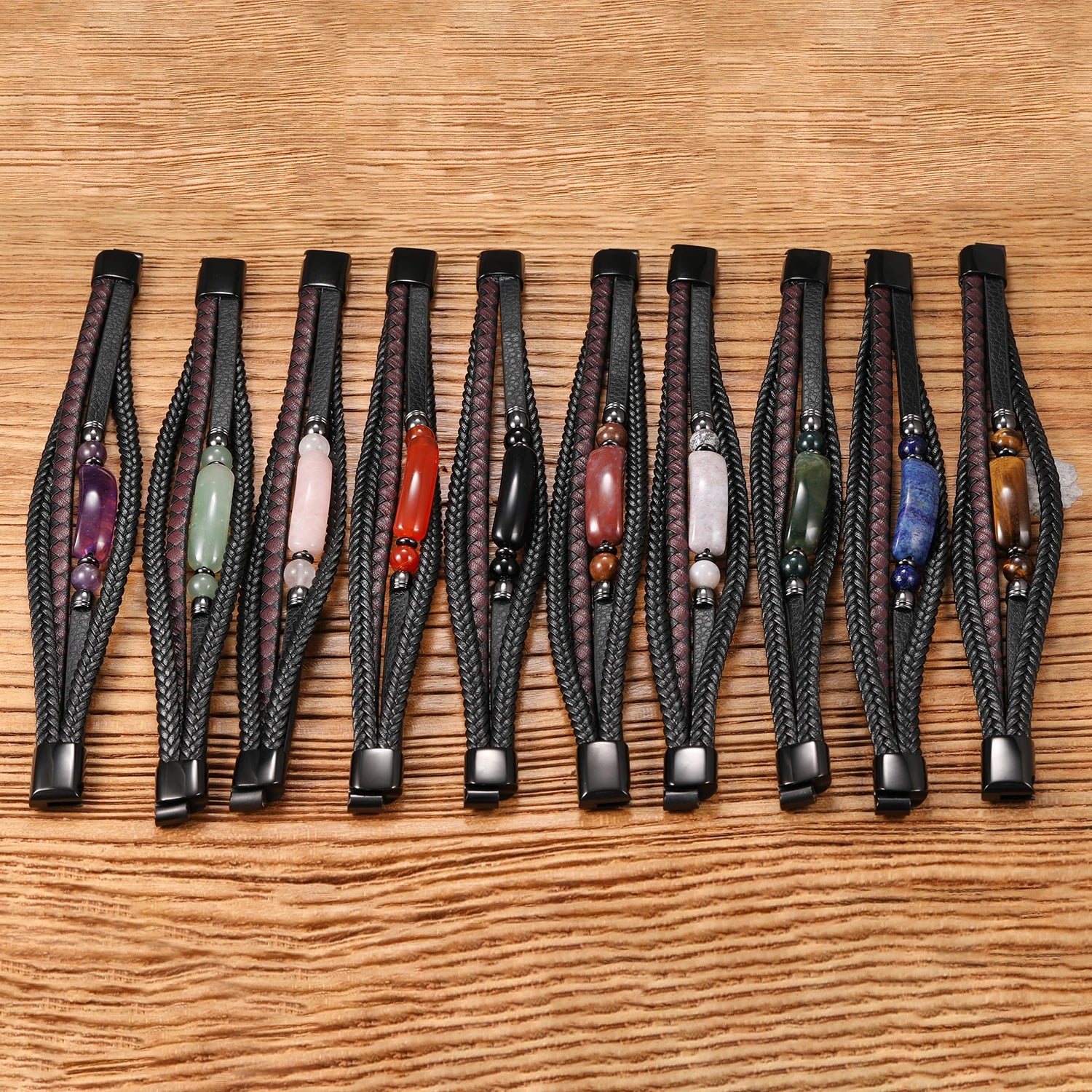 Natural Stone Beads Multi-Layer Braided Leather Bracelet Wrap Boho Hippie Handmade Gift for Man Women Jewelry Accessory
