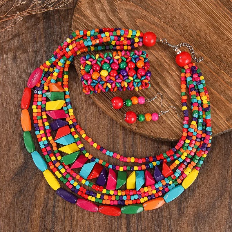Boho Multilayer Big Colorful Wood Jewelry Set Geometry Necklace Earrings Sets Nigerian Wedding Indian Africal Beads Jewelry Gift