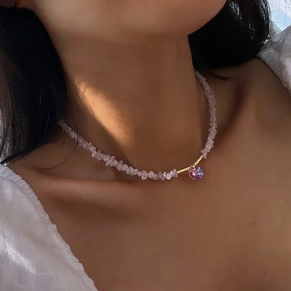 Boho Gravel Choker Blue Chip Turquois Pink Natural Stone Chips Necklaces For Women Heart Crystal Pendant Jewelry Gift For Women