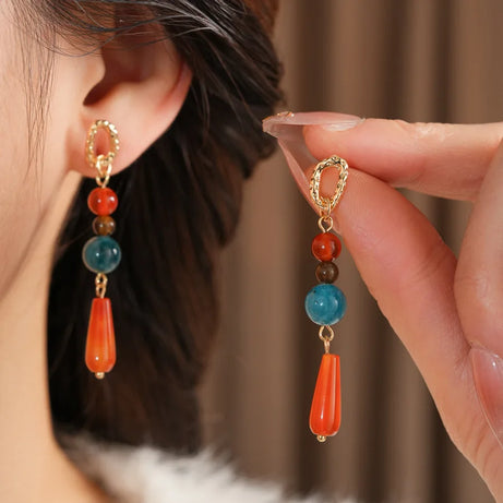 Retro Jade Water Drop Tassel Earrings, Chinese Style Natural Stone Boho Jewelry