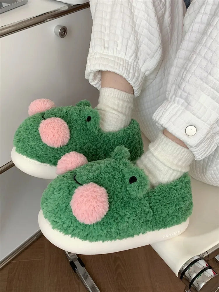 Cute Frog Cotton Home Slippers Women 2022 Winter Men And Women's Indoor Anti-skid Thick Soled Warm Woolen Household Shoes - Charlie Dolly