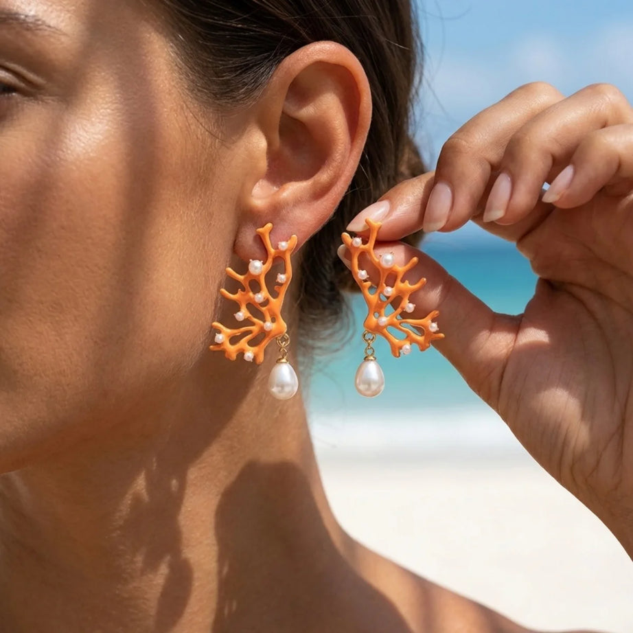 Coral, Rice Bead and Shell Boho Necklace, Earring or Ring