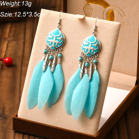 Blue Enamel Feather Crystal Long Earrings Jewelry