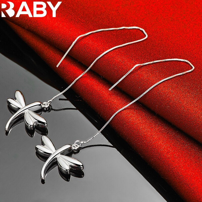 925 Sterling Silver Fine Cute Dragonfly Long Drop Earrings For Woman Fashion Wedding Party Charm Jewelry Gift