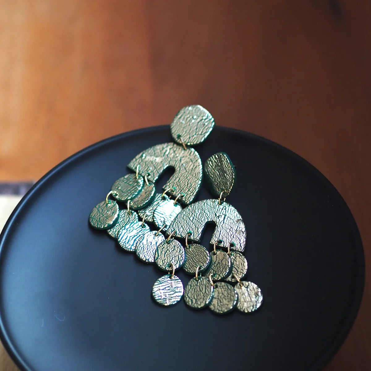 Boho Chic Metalic Textured Polymer Clay Statement Earrings Large Geometric Arch Drop with Round Fringe Aesthetic Jewelry Summer
