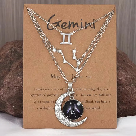 Zodiac Moon Glow Pendant Necklace Set of 3 with Birthstone Cards, Bestie & BFF Gift