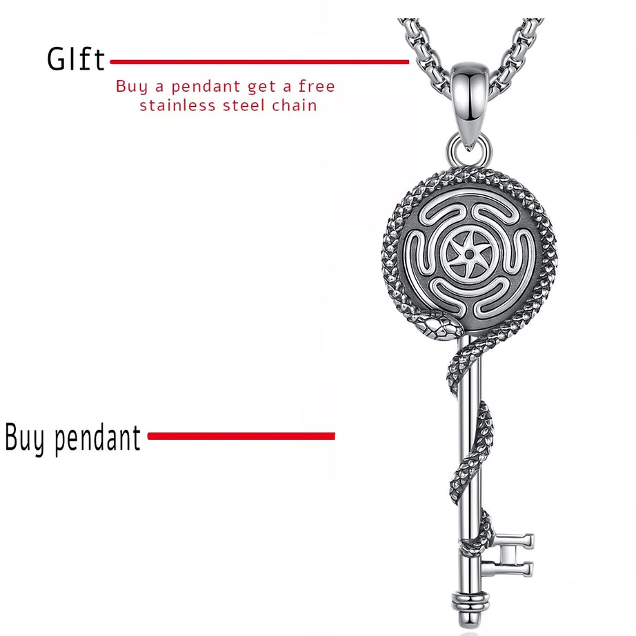 S925 Sterling Silver Hecate Wheel, Snake & Key Pendant Necklace, Triple Goddess Witch Pagan Amulet