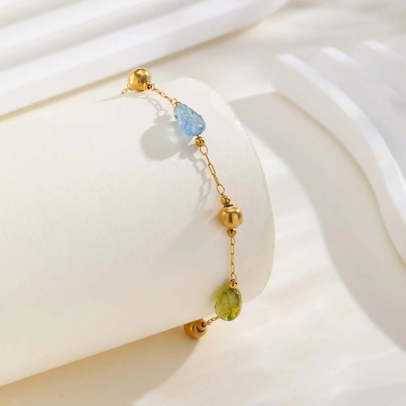 Colorful Rainbow Natural Stone Boho Necklace for Women, Stainless Steel Beaded Chain Y-Shaped Necklace, New Fashion Jewelry