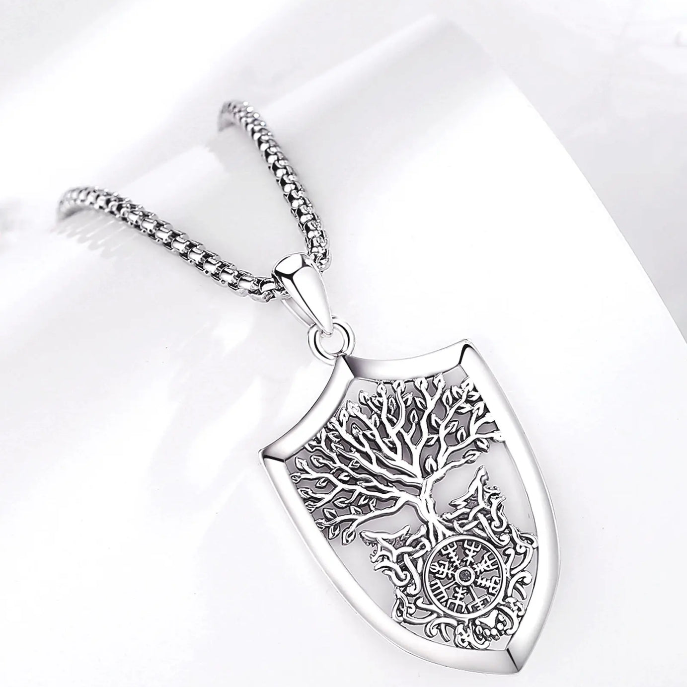 S925 Sterling Silver Viking Yggdrasil Compass Pendant Necklace, Tree of Life Wolf Norse Amulet