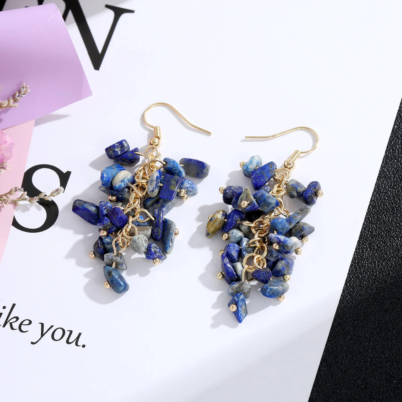 Natural Stone Crystal Grape Tassel Earrings Raw Gemstone Amethyst Lapis Lazuli Tiger's Eye Rose Quartz Chakra Crystal Earring - Charlie Dolly