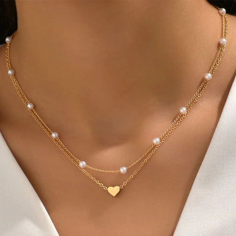 Pearl and Heart Pendant 14K Gold Waterproof Necklace Set (3 Pieces)