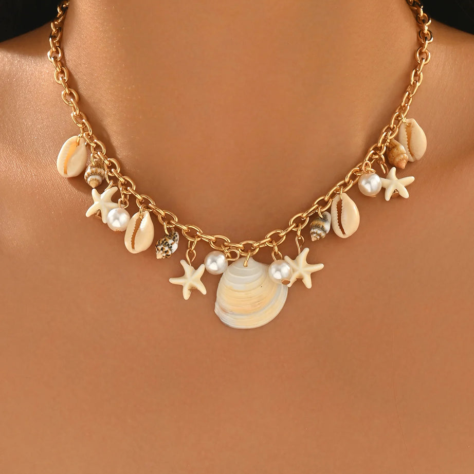 Dainty Gold Cowrie Shell and Starfish Choker Necklace