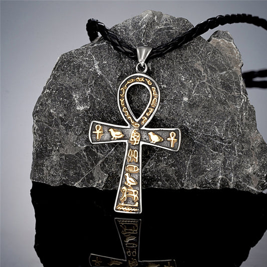 Vintage Ancient Egyptian Ankh Cross Necklaces For Men Women Stainless Steel Cuneiform Characters Pendant Unisex Amulet Jewelry - Charlie Dolly