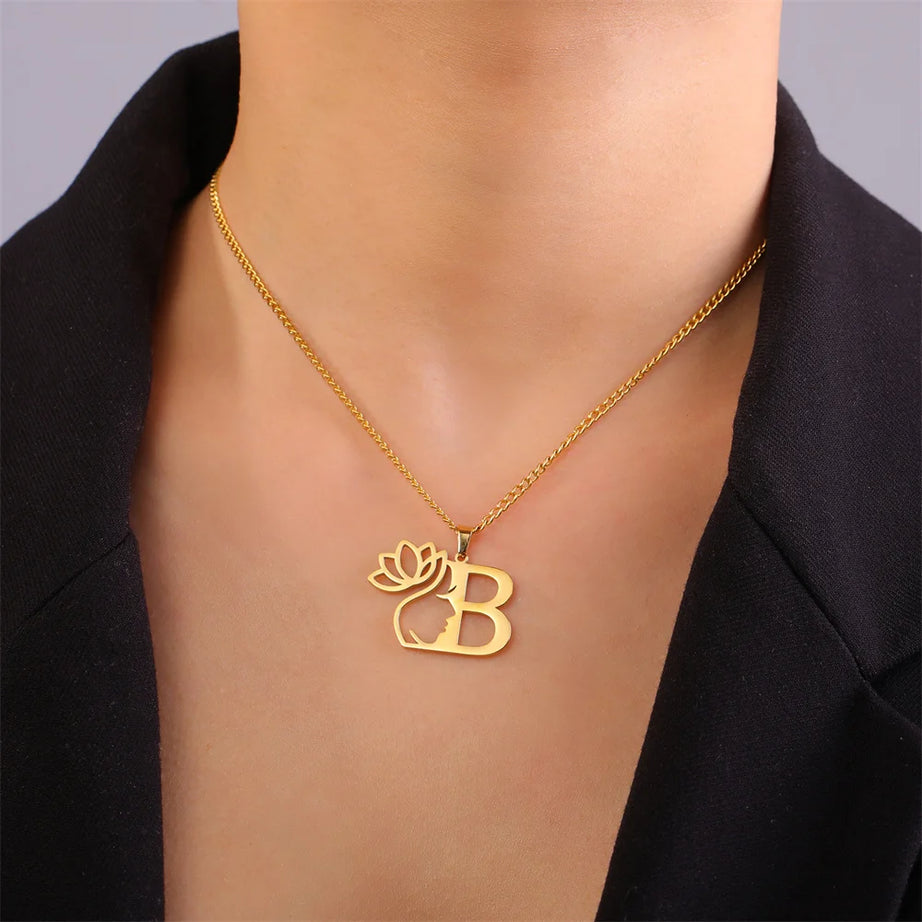 Lotus Flower Initial Letter Pendant, Personalized Stainless Steel Necklace