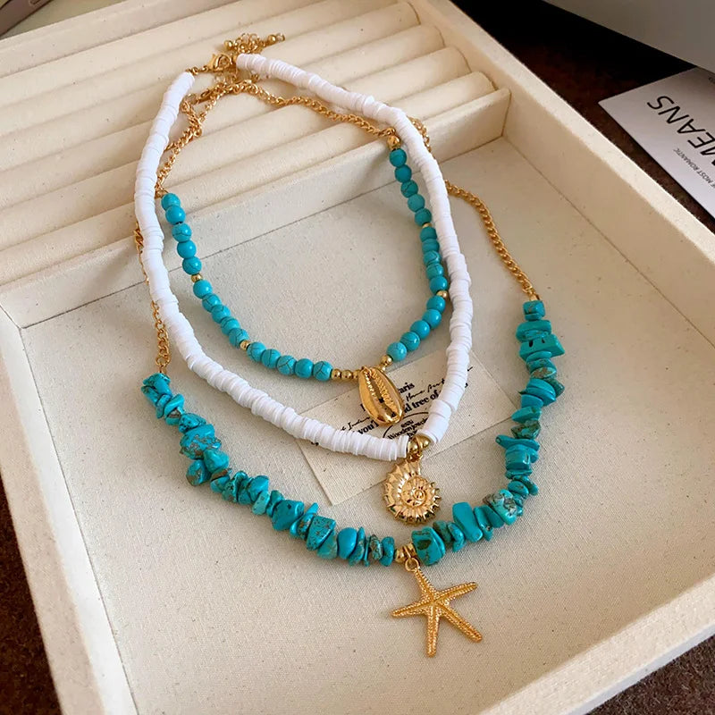 Boho Irregular Shells Tassel Earring Imitation Pearl Starfish Pendant Necklace Beach Vacation Style Fashion Women's Jewelry SetB