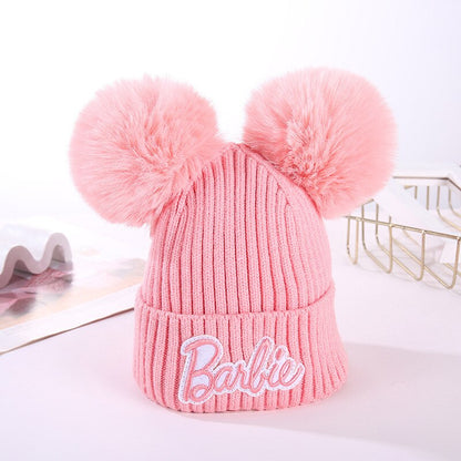 Barbie Parent-Child Baby Knitted Hat Soft Elastic Winter Protection Children Woolen Hats Cute Fur Ball Cotton Hat Pullover Gifts