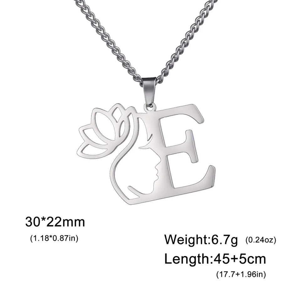 Lotus Flower Initial Letter Pendant, Personalized Stainless Steel Necklace