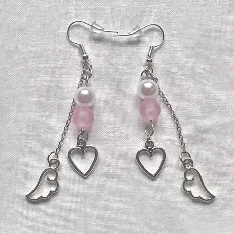 Pink Beaded Wing Charm Boho Earrings Jewelry