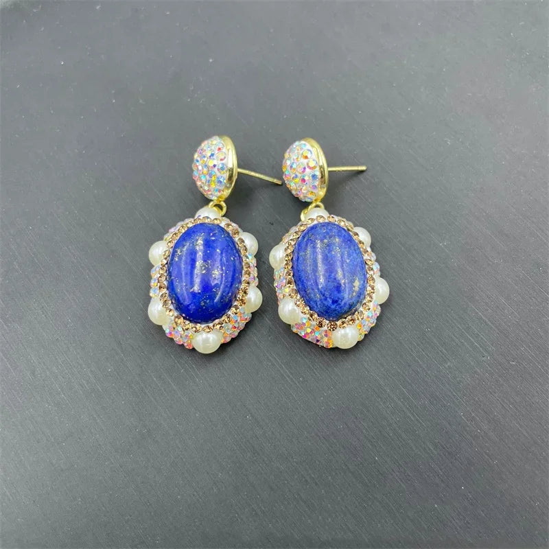 Unique Natural Lapis lazuli Gemstone Jewelry Set for Women AB Rhinestone Freshwater Pearl Quartz Necklace Rings Lady Dress Acces