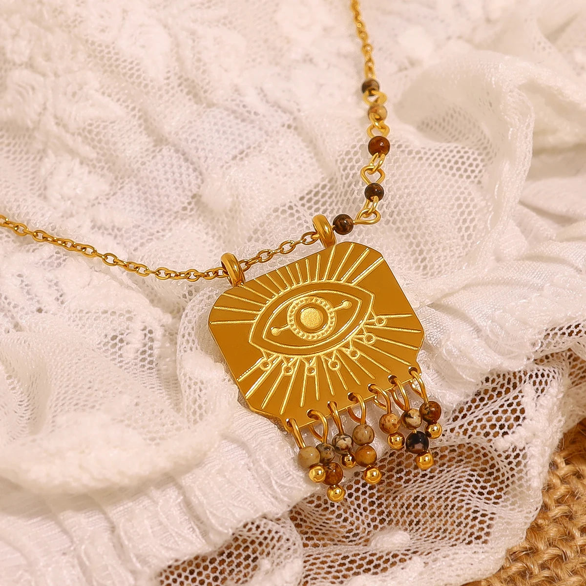 WILD & FREE Boho Natural Stone Charms Stainless Steel Pendant Necklace for Women Chic Retro Waterproof Trend Jewelry