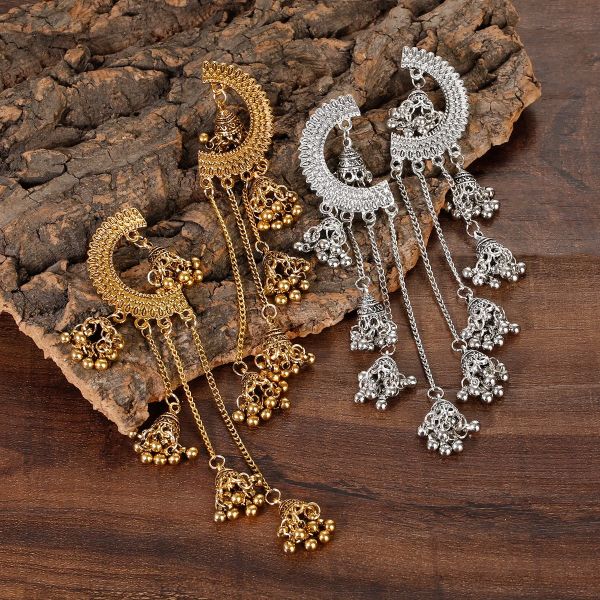 Indian Jhumka Earrings Gold Sliver Color Big Bells Drop Long Tassel Earring For Women Boho Gypsy Jewelry Gift