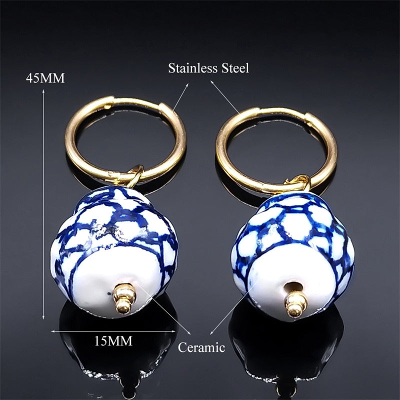 Handmade Chinese Style Blue And White Porcelain Dangle Earring Stainless Steel Ceramic Bead Female Drop Earrings Jewelry LS10S01 - Charlie Dolly
