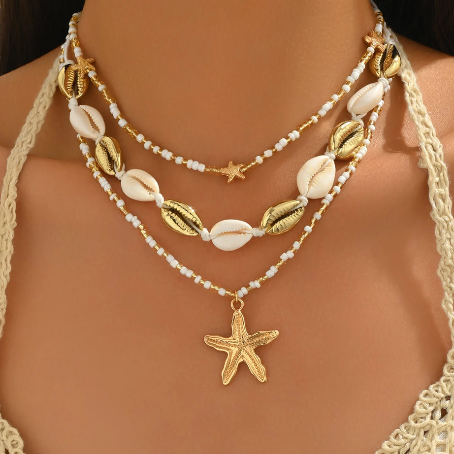 Three Layered Cowrie Shell and Starfish Boho Necklace