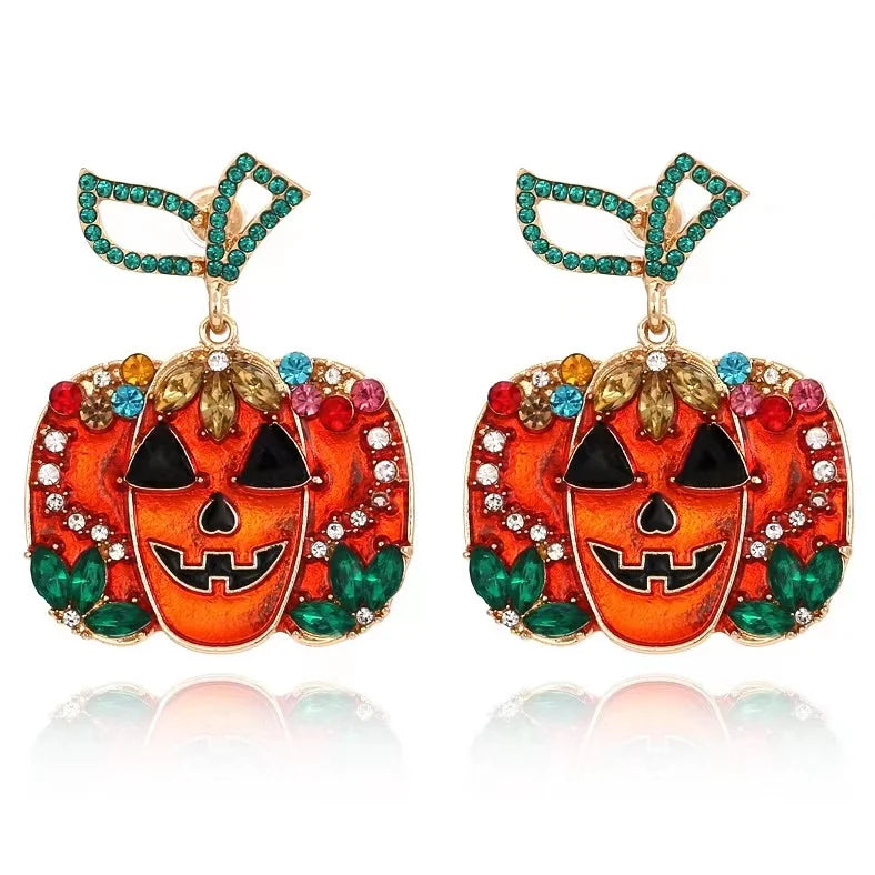 Exaggerated Colored Rhinestone Pumpkin Earrings Personality Creativity Retro Halloween Female Earrings - Charlie Dolly