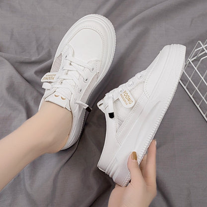 Women Shoes Canvas Tennis Casual Half Slippers Flats Female White Mules Low Top Sneakers Mesh Breathable Lazy Loafers