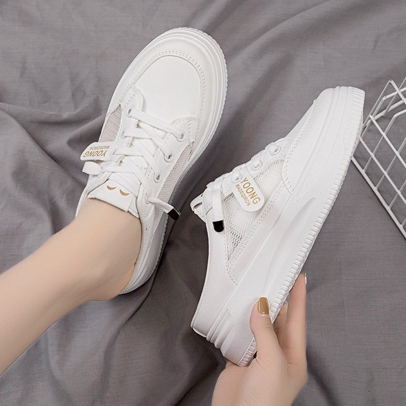 Women Shoes Canvas Tennis Casual Half Slippers Flats Female White Mules Low Top Sneakers Mesh Breathable Lazy Loafers - Charlie Dolly