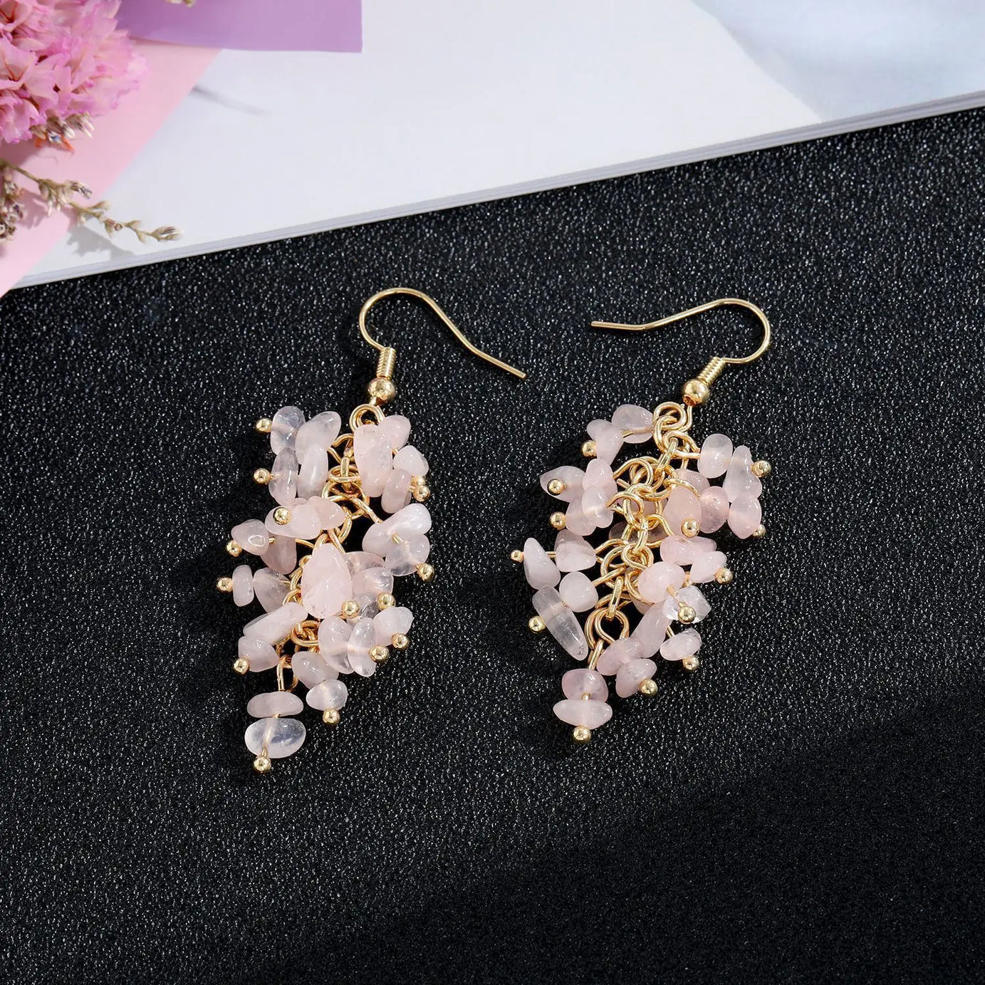 Natural Stone Crystal Grape Tassel Earrings Raw Gemstone Amethyst Lapis Lazuli Tiger's Eye Rose Quartz Chakra Crystal Earring - Charlie Dolly