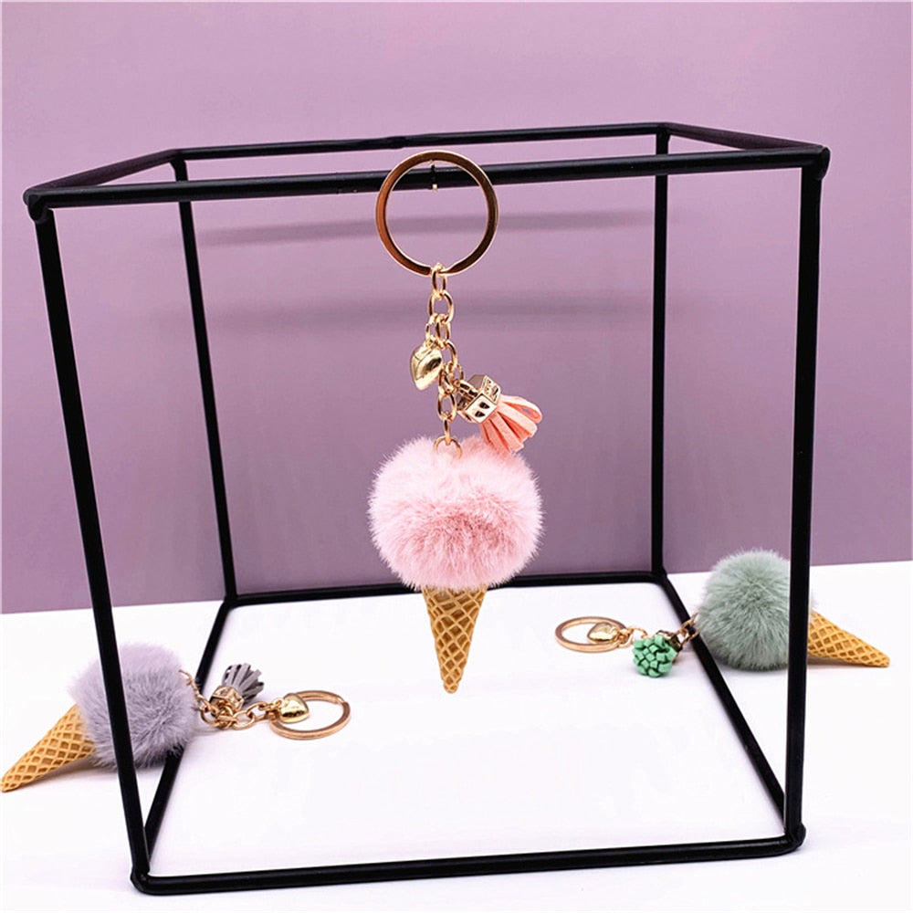 1pc Fashion Cute Mini Ice Cream Key Ring With Tassel Student Fluffy Pom Pom Velvet Plush Keychain For Girls Bag Decoration Gift