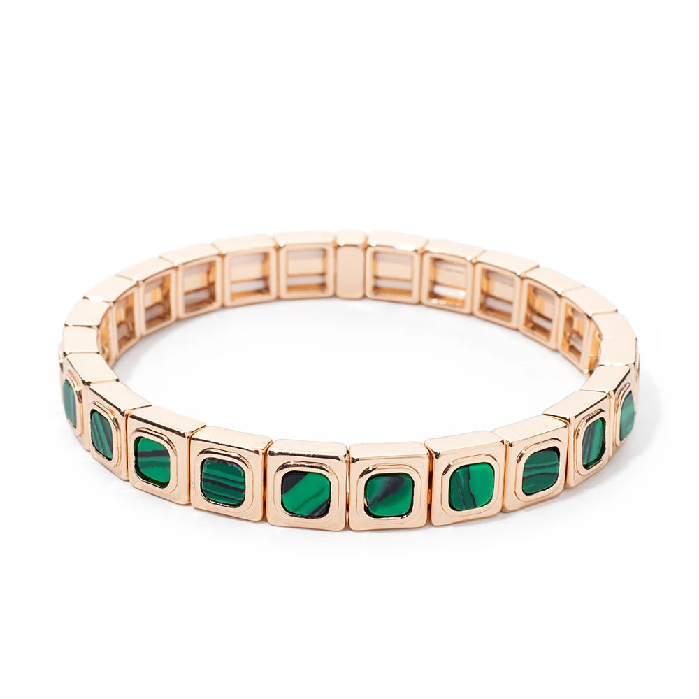 2023 New Design 8x8mm Inlaid Nature Stone Bracelets For Women Gold Color Boho Elastic Bangle Handmade Inlaid Diamond Jewelry