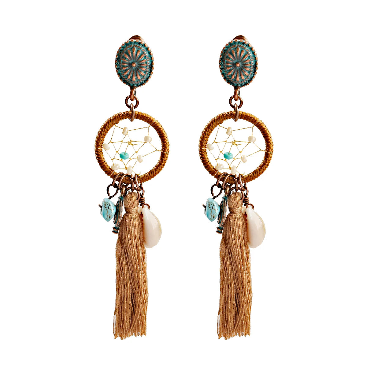 Round Retro Women's Dream Catcher Handmade Long Tassel Feather Earrings Female Leaves Pendant Earring Kolczyki Boho Jewelry