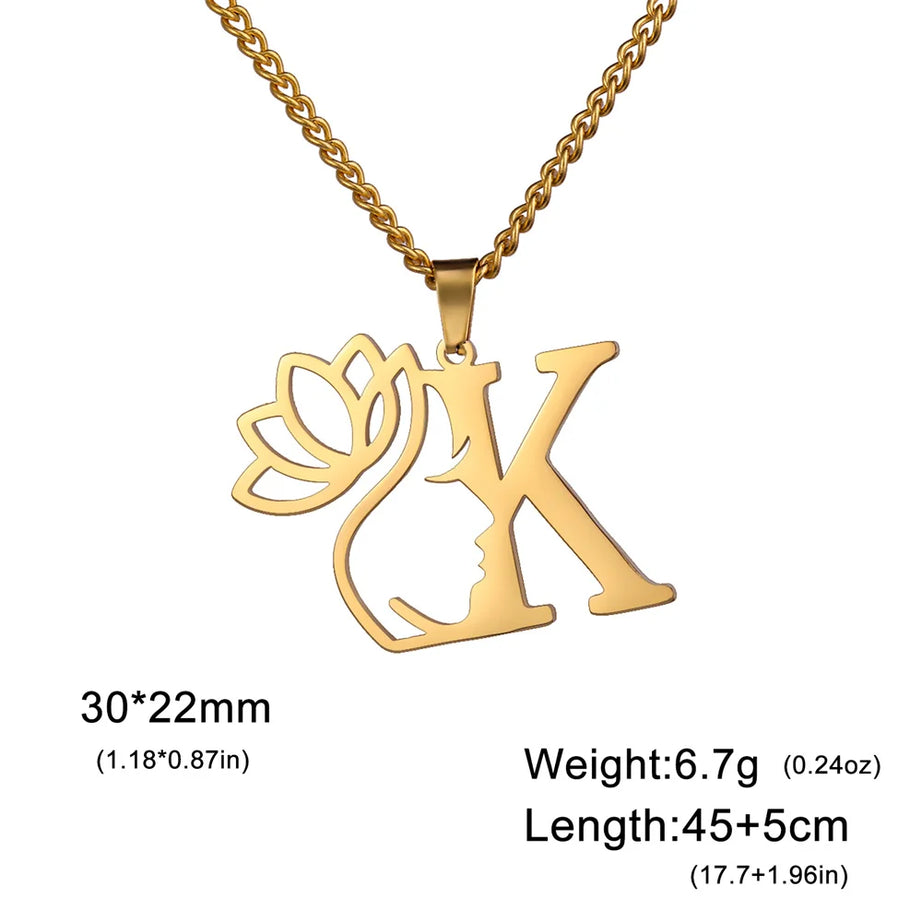Lotus Flower Initial Letter Pendant, Personalized Stainless Steel Necklace