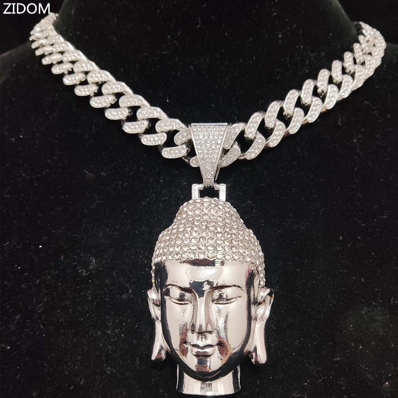 Men Women Hip Hop Buddha Pendant Necklace with 13mm Crystal Cuban Chain HipHop amulet Necklaces Fashion Charm Jewelry Best Gifts - Charlie Dolly