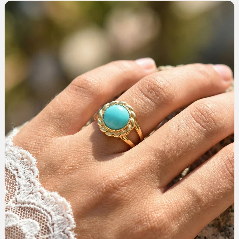 Vnox Vintage Blue Turquoise Gold Color Opening Rings for Women, Natural Stone Stainless Steel Finger Boho Ring Jewelry No Fade - Charlie Dolly