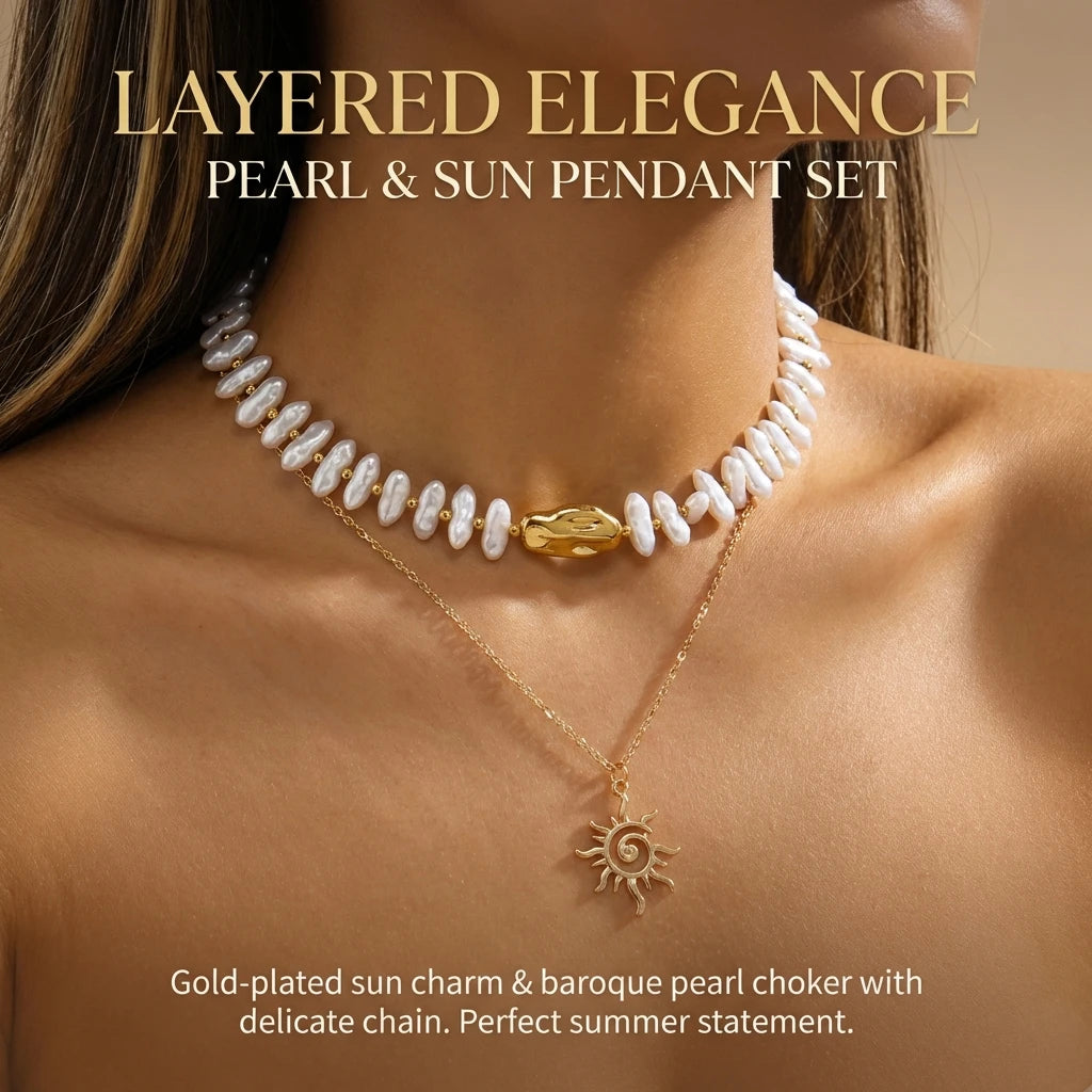 Layered Sun Pendant Bead Choker Necklace Jewelry