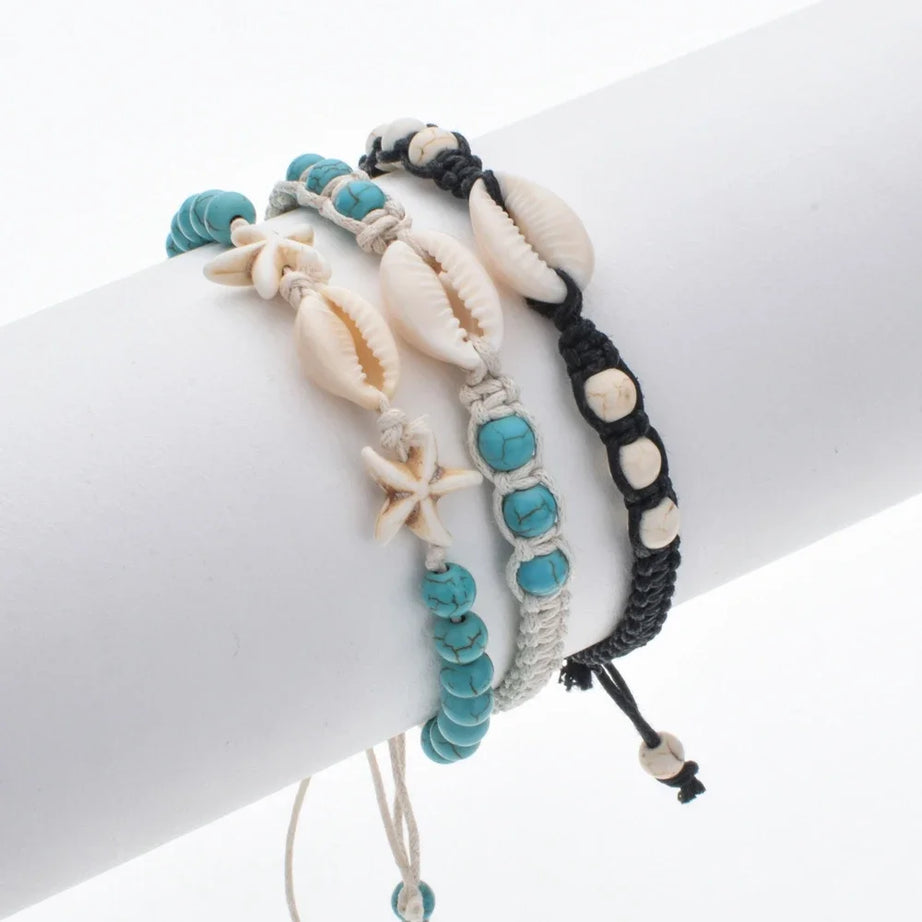 Starfish Shell and Turquoise Woven Wax Rope Bracelet