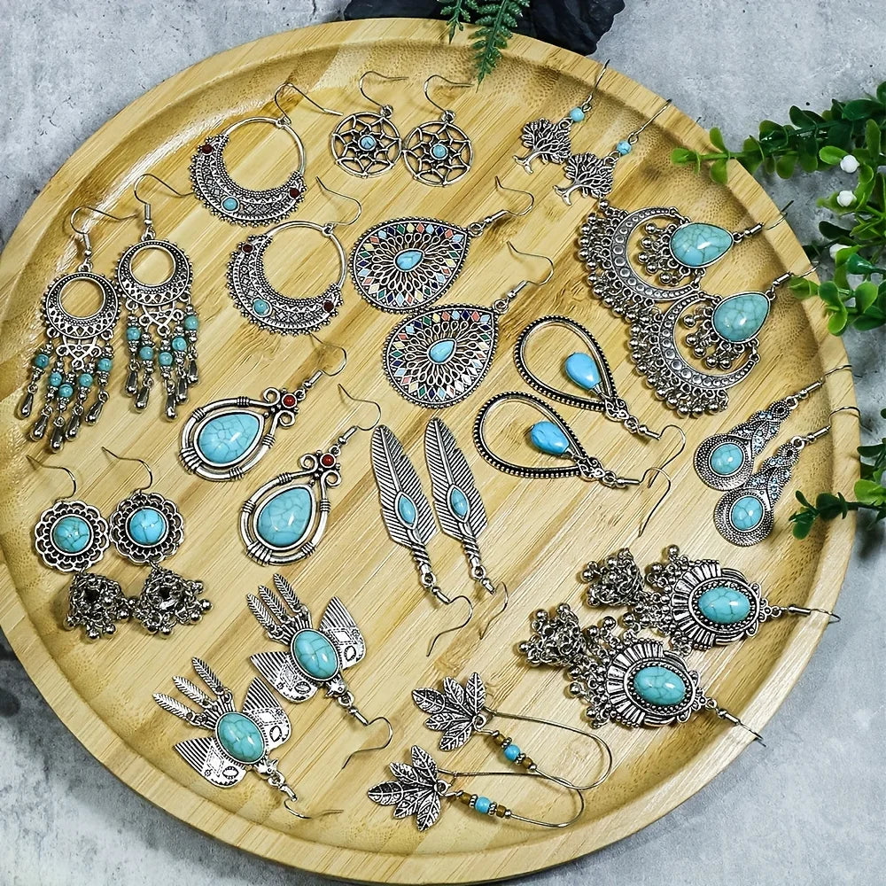 14 Pairs Boho Earrings with Turquoise Antique Silver Tassel/Bird/Rhinestone/Tree of Life Designs Trendy Ornaments Easy to Wear