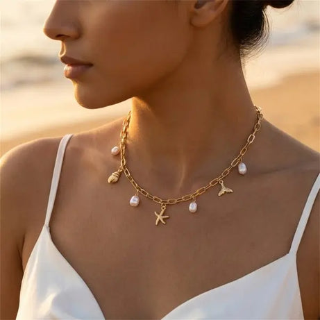 Starfish Shell Pearl Tassel Choker Necklace Jewelry